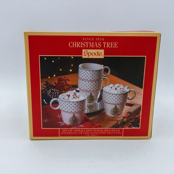 Spode Christmas Tree Collection Polka Dot Stackable Mugs Coffee Tea Set of 4 Box - Picture 9 of 10